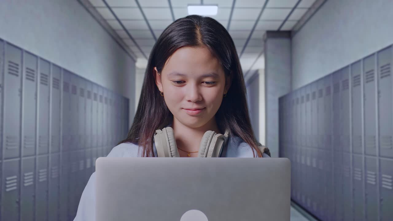 복도에 서서 노트북에 미소 짓고 타이핑하는 아시아 십대 소녀 학생의 클로즈업