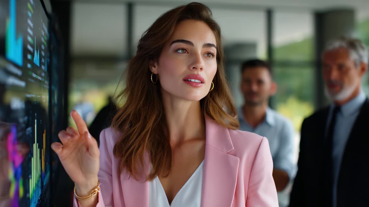 Engaging Business Presentation: A Confident Professional Woman Analyzing Data Trends on a Digital Screen While Colleagues Observe in a Modern Office Environment, Showcasing Leadership and Communication Skills