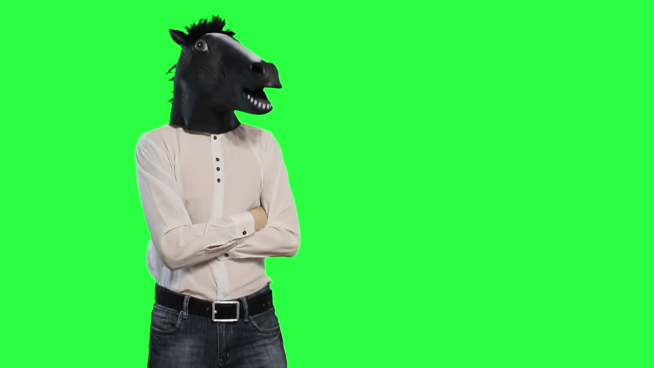 Homem usando máscara de cavalo em tela verde