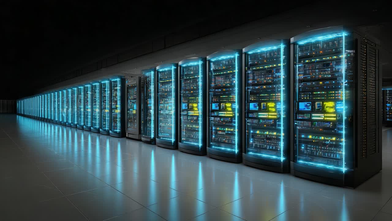 Uno sguardo a un data center futuristico: rack server illuminati che mostrano tecnologia avanzata e infrastrutture all'avanguardia in un ambiente high-tech