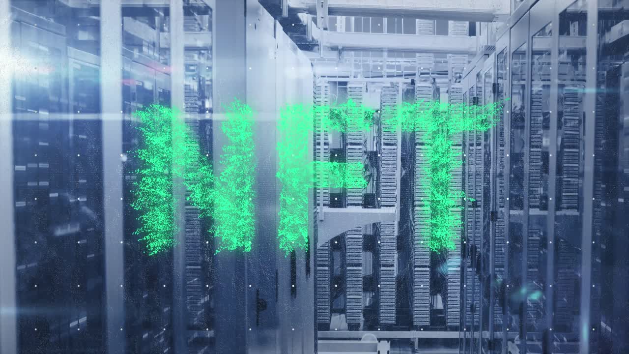 Animation of nft text text and light spots over server room