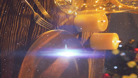 animation of light trails and snow falling over table at christmas
