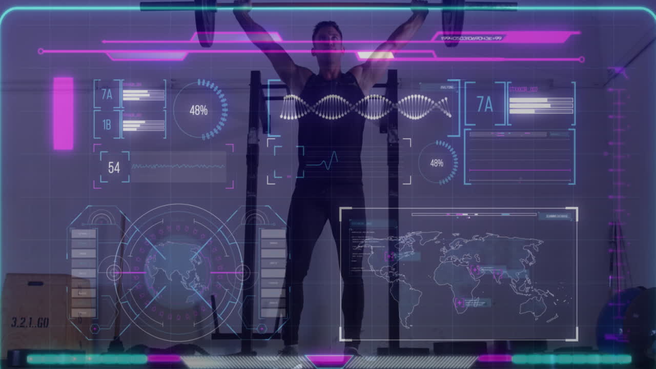 바벨 무게를 들어 올리는 사람에 대한 인터페이스 처리 데이터의 애니메이션