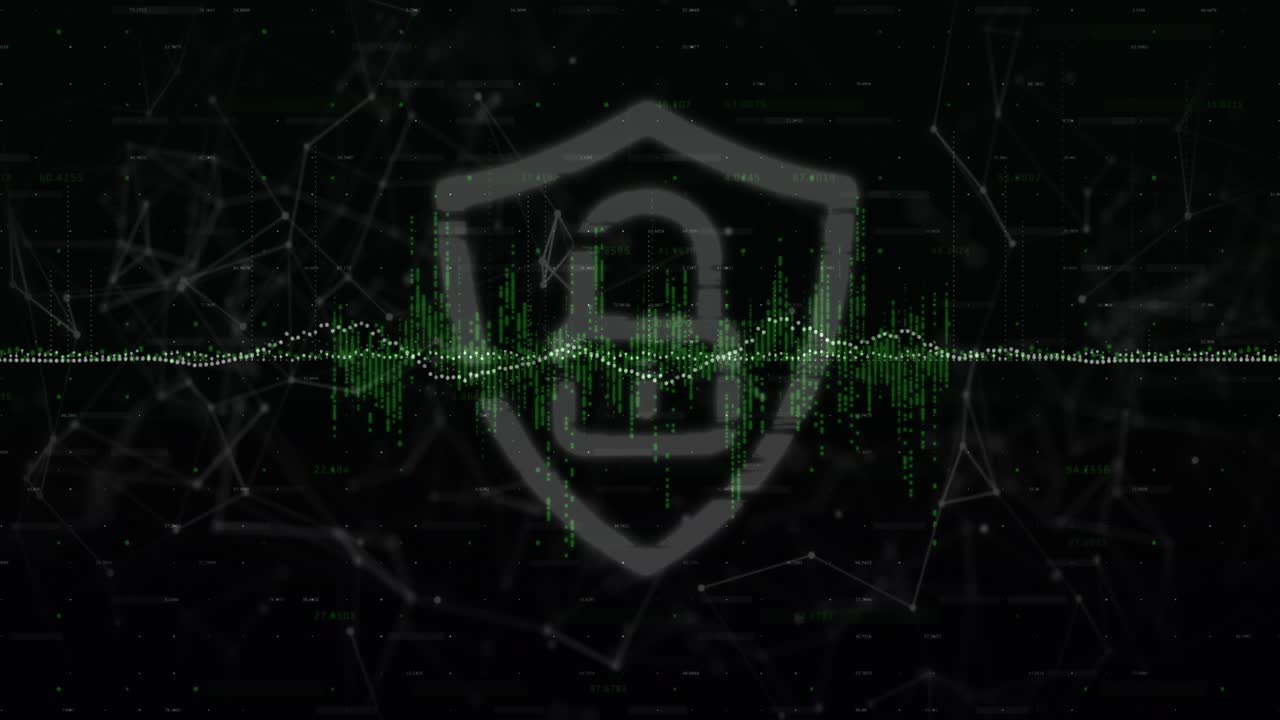Data processing over security padlock icon and network of connections against black background