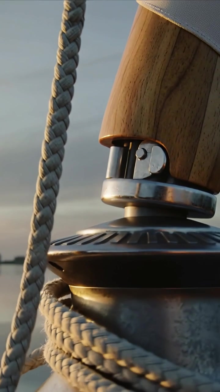 Video verticale: Barca che ondeggia, rivelando il tamburo dell'argano che gira sul ponte al tramonto, con la cima intrecciata che risplende.