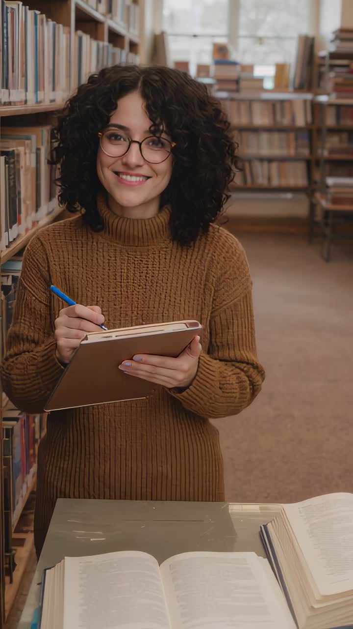 Vídeo vertical: Mulher de suéter marrom olhando para a câmera, fazendo anotações de livros na biblioteca com uma caneta azul