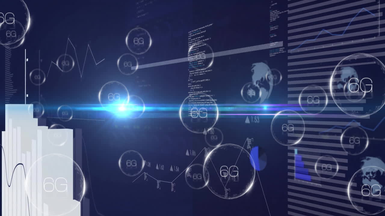 6G technology animation over digital data and graphs