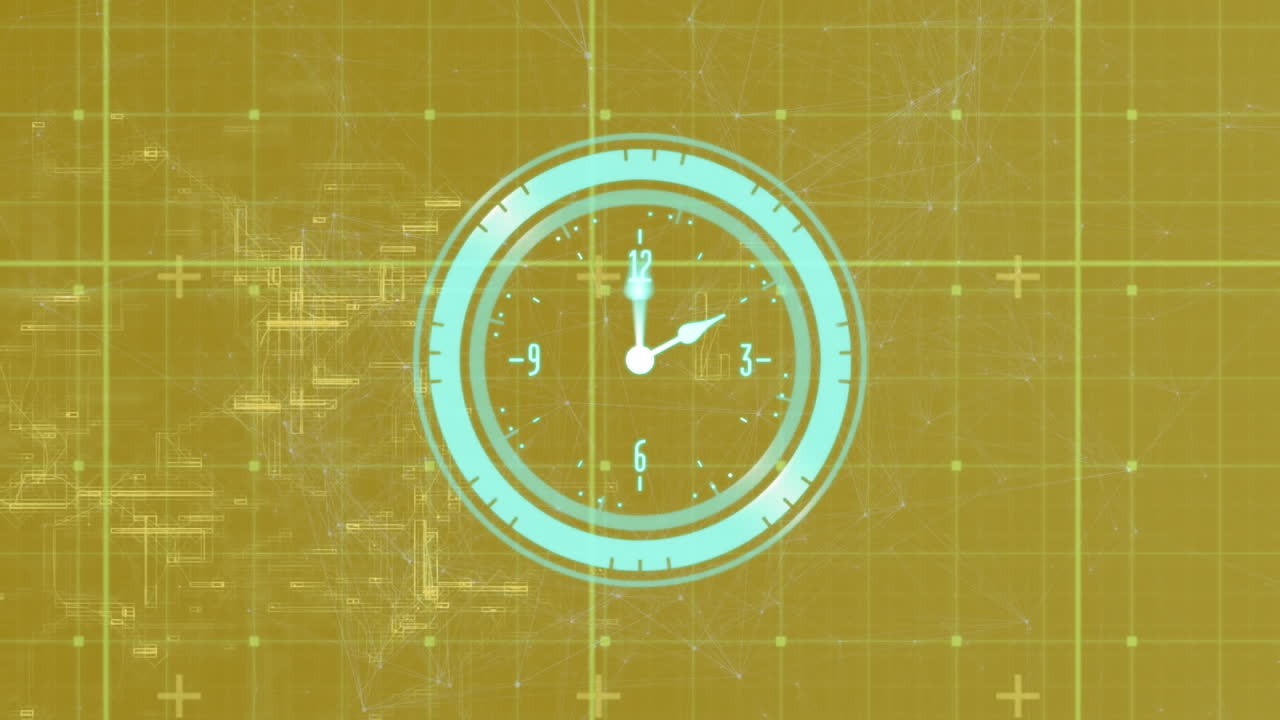 黄色い背景のグリッドネットワークと接続ネットワーク上のネオンタイクク時計のアニメーション