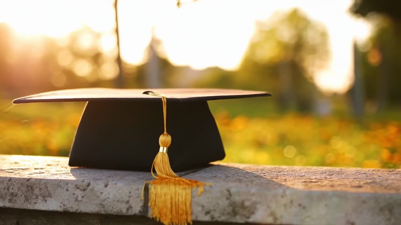 Tocco di laurea su davanzale in pietra al tramonto, scatto dal basso