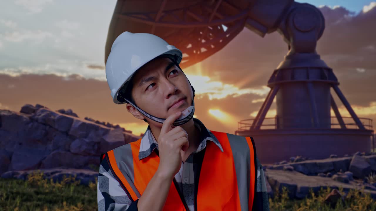 Close Up Of Asian Male Engineer With Safety Helmet Thinking And Looking Around Then Raising His Index Finger While Standing With Large Satellite Dish