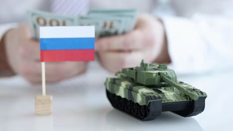 russian flag, tank, and money representing military finance