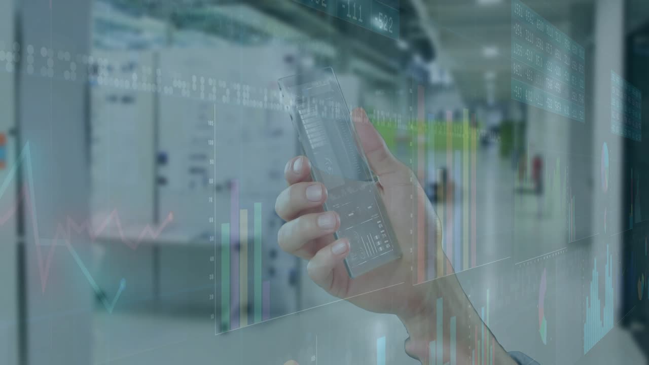 Hand holding smartphone tapping screen animating bars, charts and gauges, layering data for insight