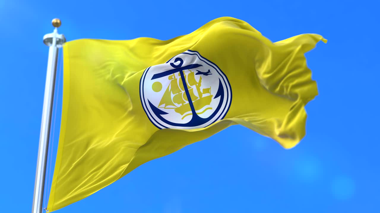 bandera de la ciudad de anchorage, ciudad de alaska en estados unidos o estados unidos de américa, agitando el viento en el cielo azul, bucle lento