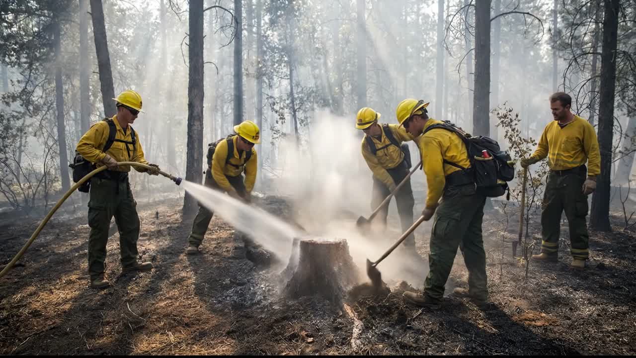 Vigili del fuoco impegnati a spegnere un incendio boschivo con acqua e pale