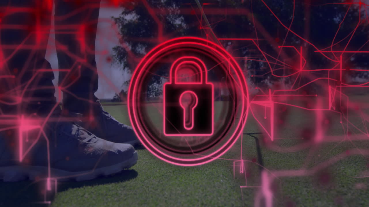 Golfer wearing golf shoes standing on putting green, showing neon-red padlock securing tech data