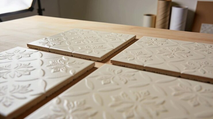 Sliding camera forward highlighting 4 embossed ceramic tiles on wood bench softbox left rolls right