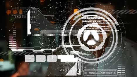 rotating circle, dots connecting with lines and computer language over caucasian man using tablet