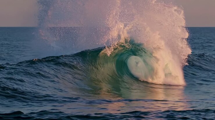 Dynamic video captures a crashing wave at eye level, highlighting the power and beauty of the ocean