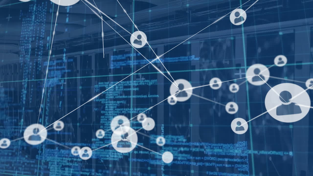 Animation of network of connections with icons and data processing over computer servers