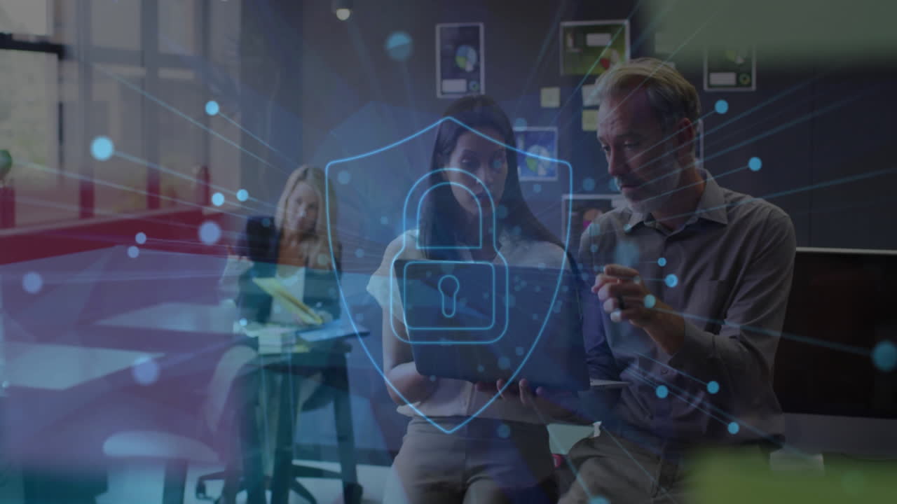 Animation of padlock and network of connections over diverse business people in office