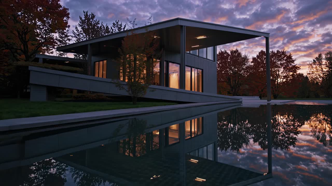 Modern house with glass facade at sunset, reflected in a calm pool