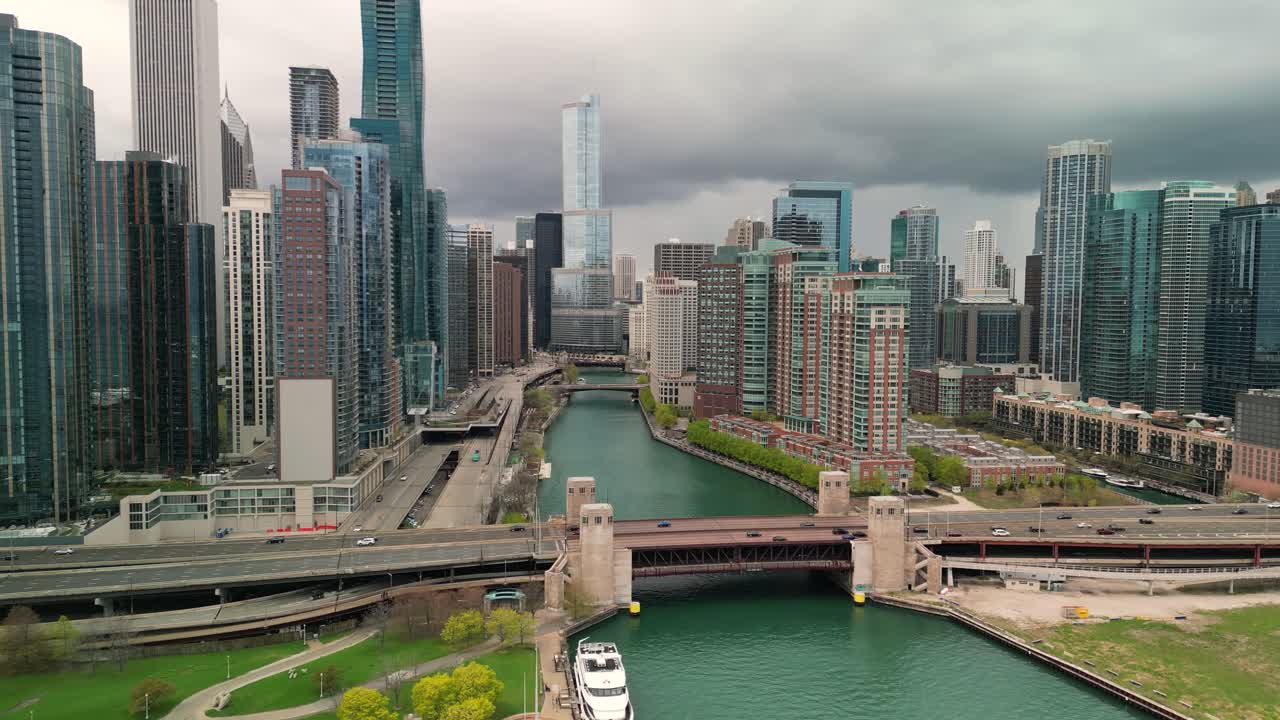Aerial view of skyline and Riverwalk downtown Chicago