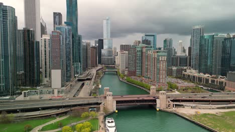 aerial view of skyline and riverwalk downtown chicago