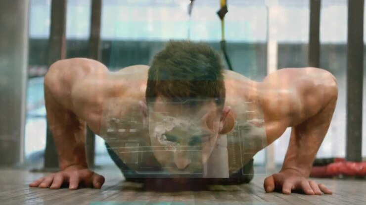 Animation of digital interface with data processing and network of connections over sportsman