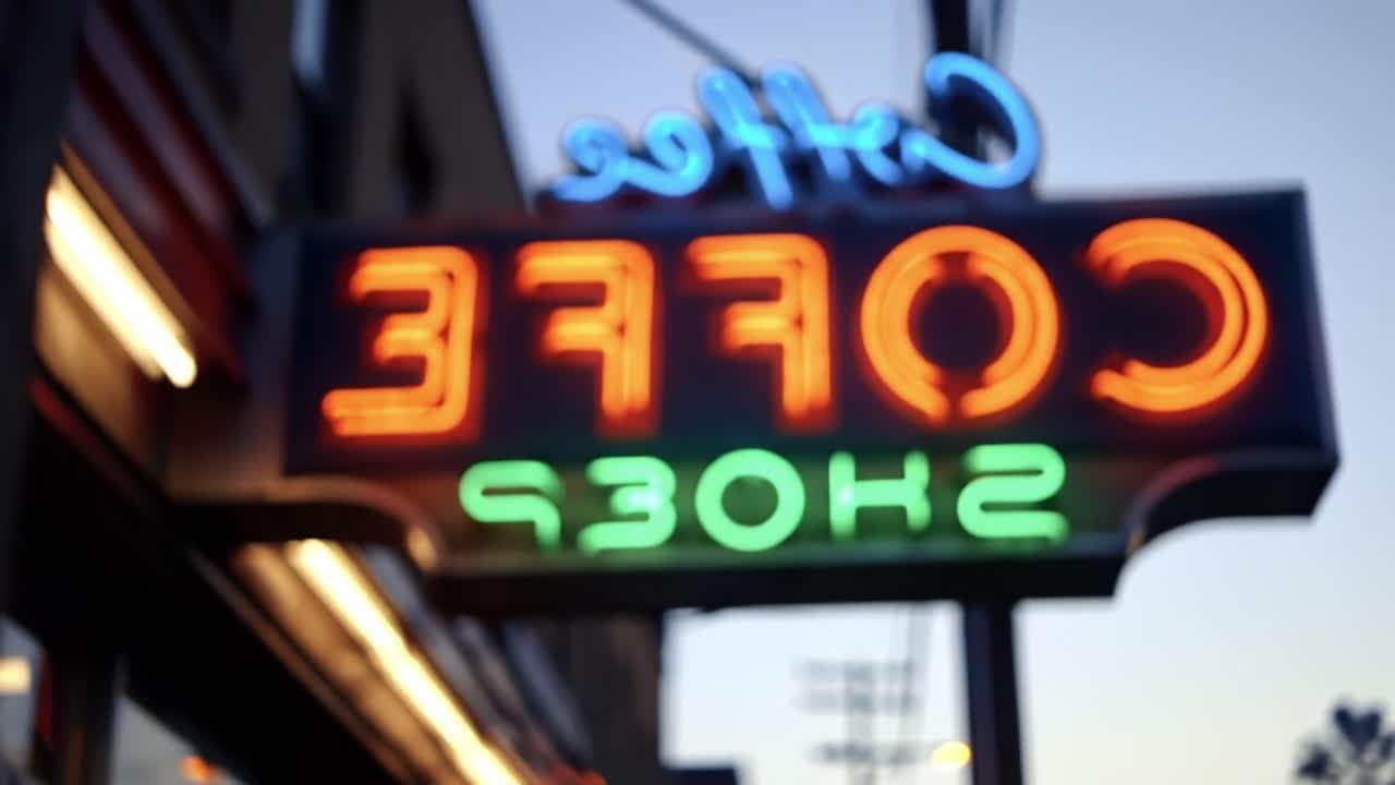 Captivating Neon Coffee Shop Sign Illuminates the Evening Sky, Inviting Passersby to Experience the Warmth and Aroma of Freshly Brewed Beverages in a Cozy Atmosphere