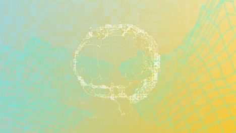 central glowing network forming halo over undulating wireframe mesh, yellow backdrop, 3d render