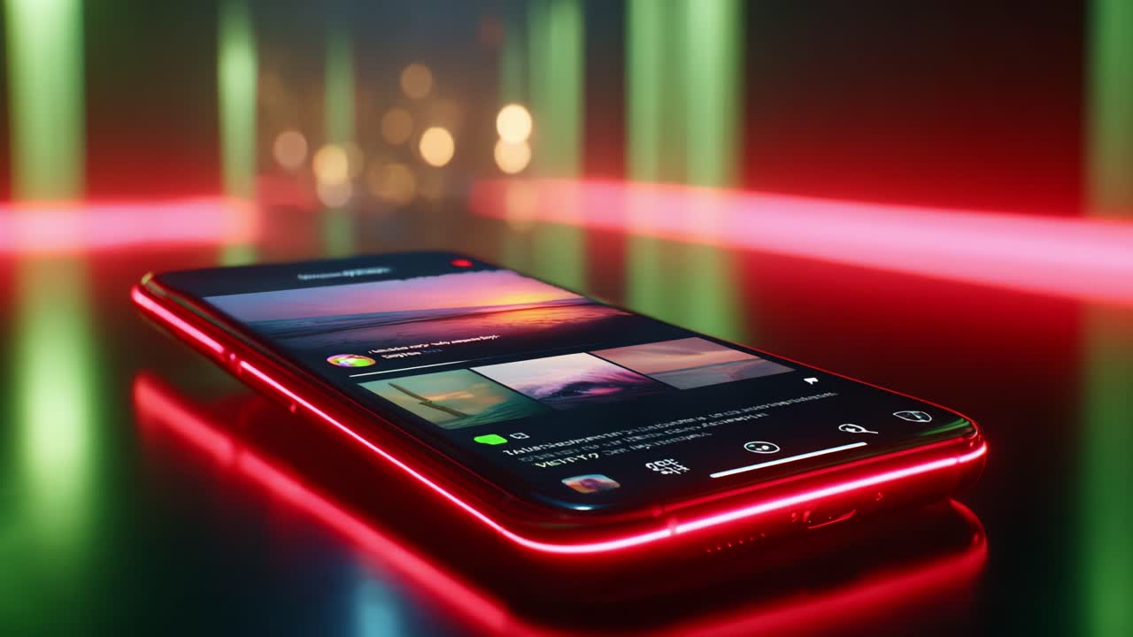 A Glowing Smartphone Displaying Vibrant Images and Notifications in a Dimly Lit Environment with Neon Accent Lighting, Showcasing Modern Technology and Dynamic User Interaction