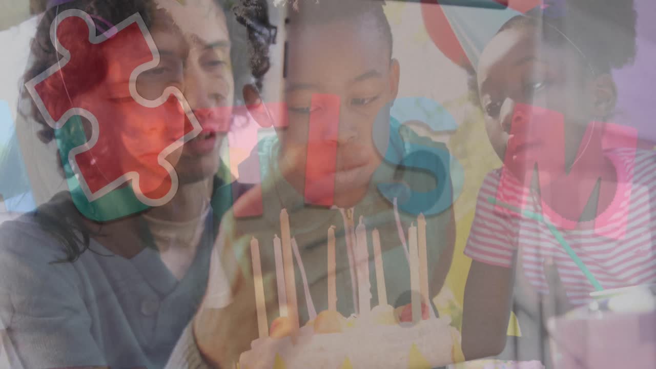 자폐증 텍스트와 퍼즐 조각의 애니메이션을 다양한 학교 아이들에게 보여줍니다.