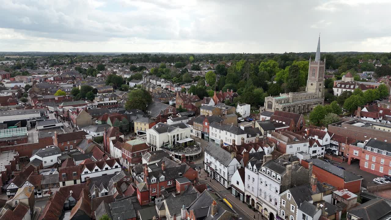 Aerial view of a traditional town with a historic church