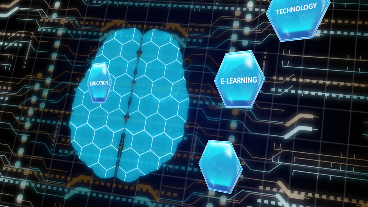 animación del cerebro digital azul y procesamiento de datos en una placa de circuitos.