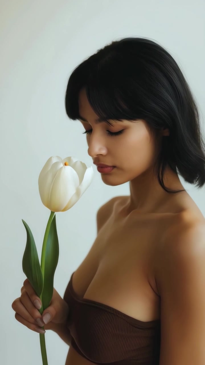 Giovane donna che annusa con delicatezza un tulipano bianco
