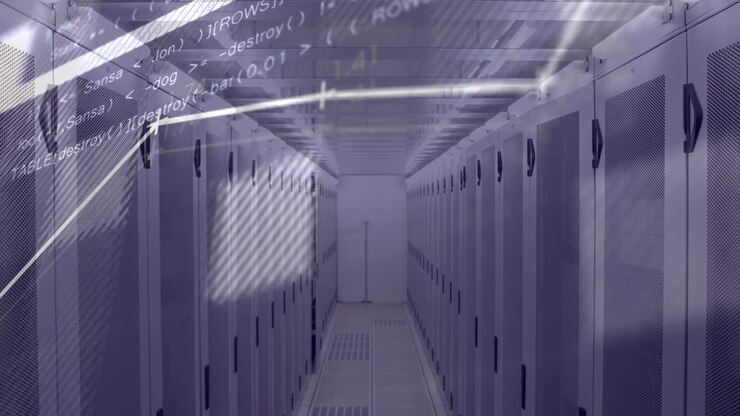 Animazione di elaborazione dati finanziari su una sala server