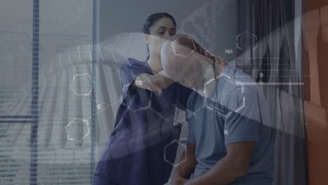 animation of dna and scientific data processing over biracial female doctor with senior male patient