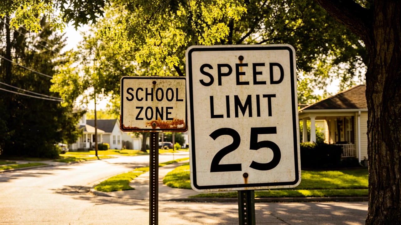 Sosteniendo la cámara firmemente, encuadrando una señal de LÍMITE DE VELOCIDAD 25 en una esquina suburbana con una señal de ZONA ESCOLAR.