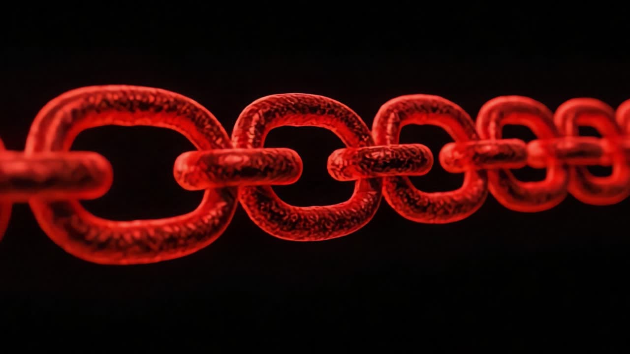A Close-Up Look at a Red Metallic Chain Highlighting the Intricate Links and Textures, Set Against a Dark Background for Dramatic Effect
