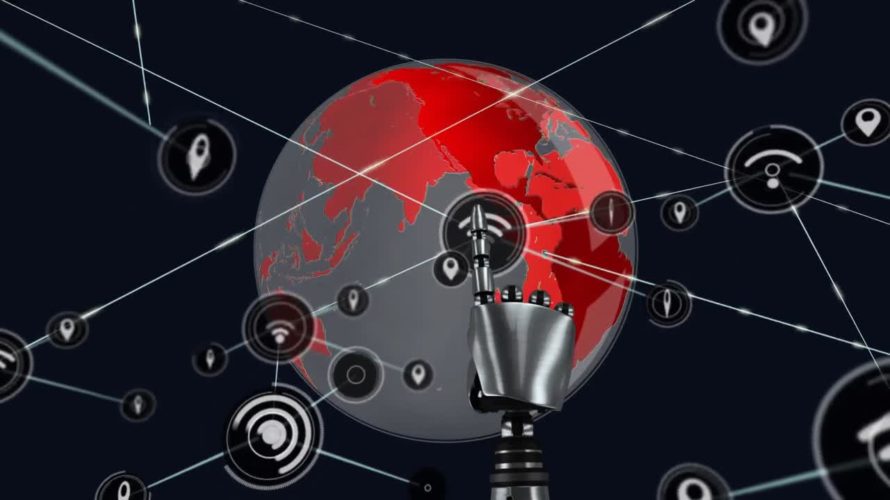 Animation of globe with network of connections and robot's hand