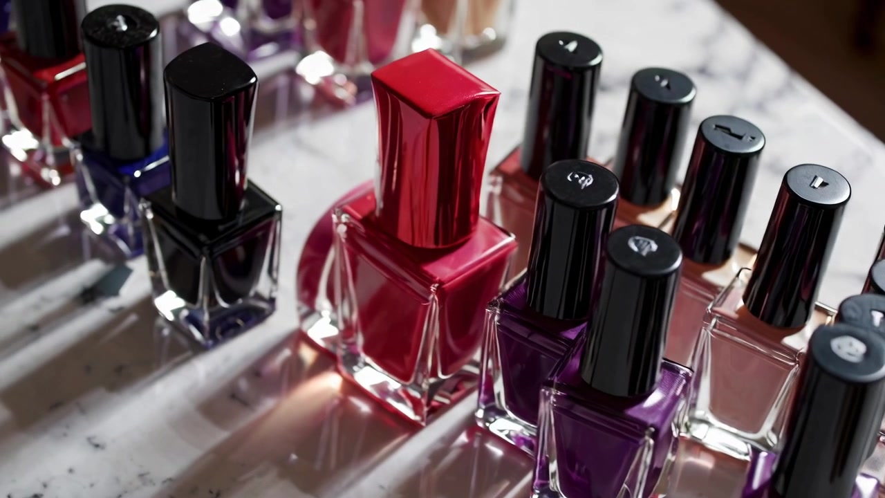 Collection of Colorful Nail Polish Bottles on Marble Surface