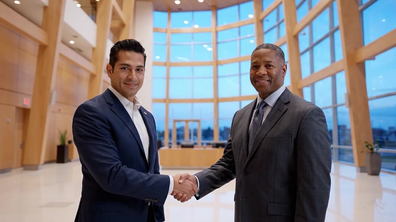 Two business professionals sharing a friendly handshake in a modern corporate environment, conveying partnership and collaboration between diverse leaders.