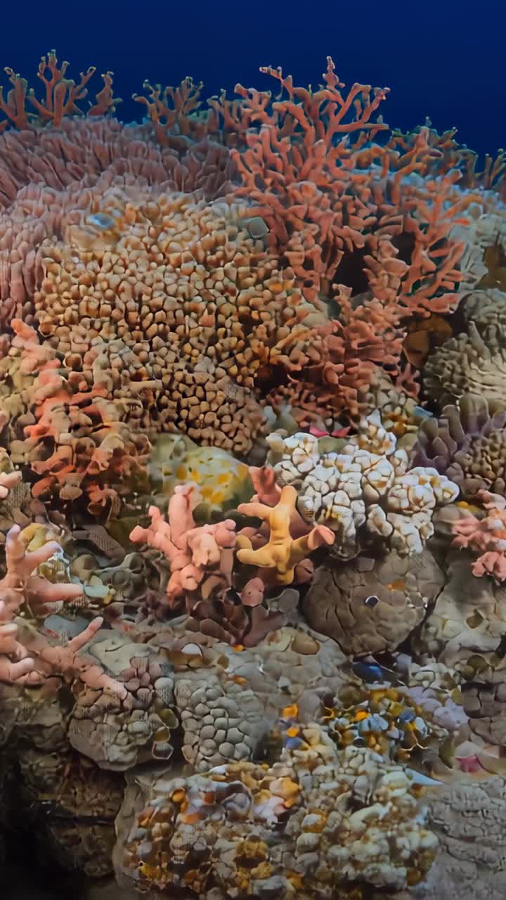 Video verticale: camera discendente che rivela coralli ramificati rosa-arancio e polipi densi sulla barriera corallina