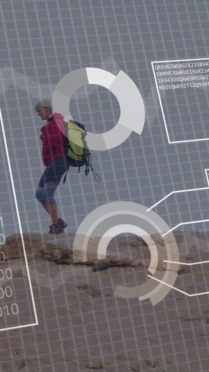 Vertical video: Female hiker walking ridge binary shifting into tech HUD mapping backpack metrics