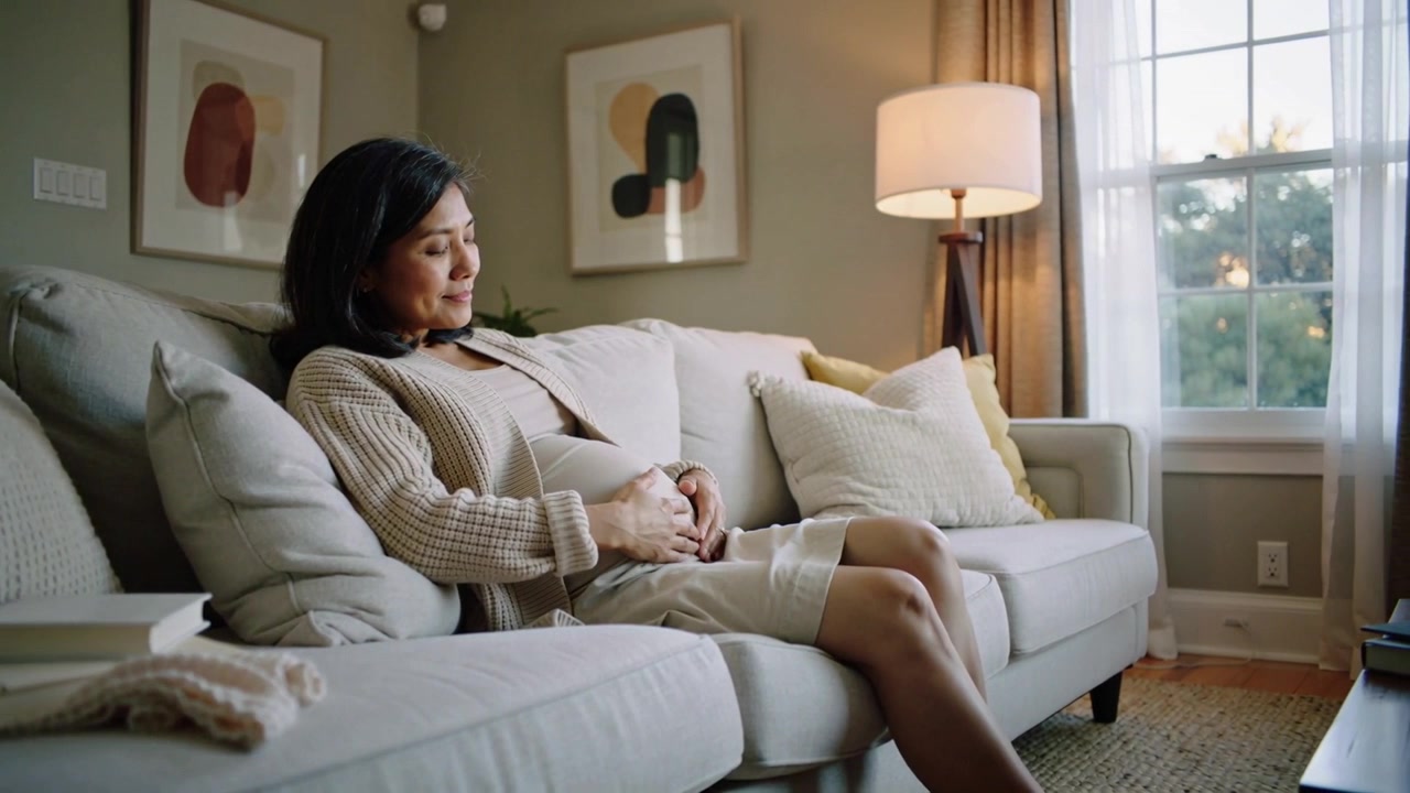 Donna incinta in cardigan beige che si adagia sul divano del soggiorno per riposare, cullando la pancia, con cuscini.