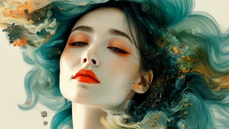 woman with flowing hair surrounded by vibrant colors and natural elements