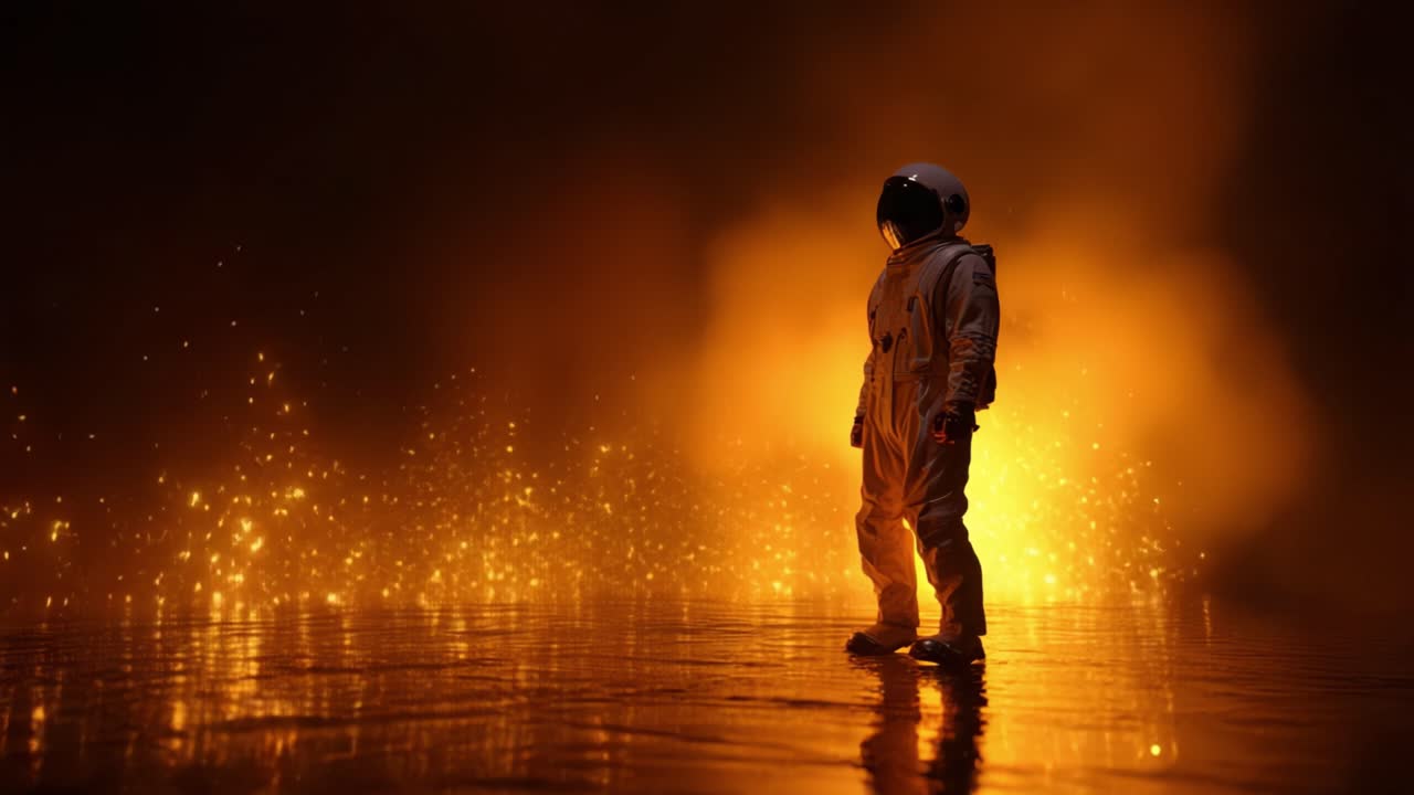 Um astronauta se destaca corajosamente contra um pano de fundo de faíscas vibrantes e brilhantes, iluminado por um tom laranja flamejante, incorporando o espírito de exploração e aventura