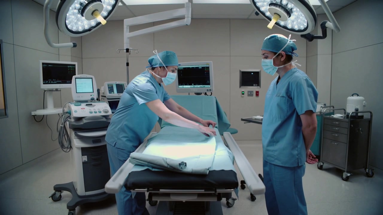 Placing sterile drape, left nurse in scrubs unfolding, smoothing on OR table for sterile field