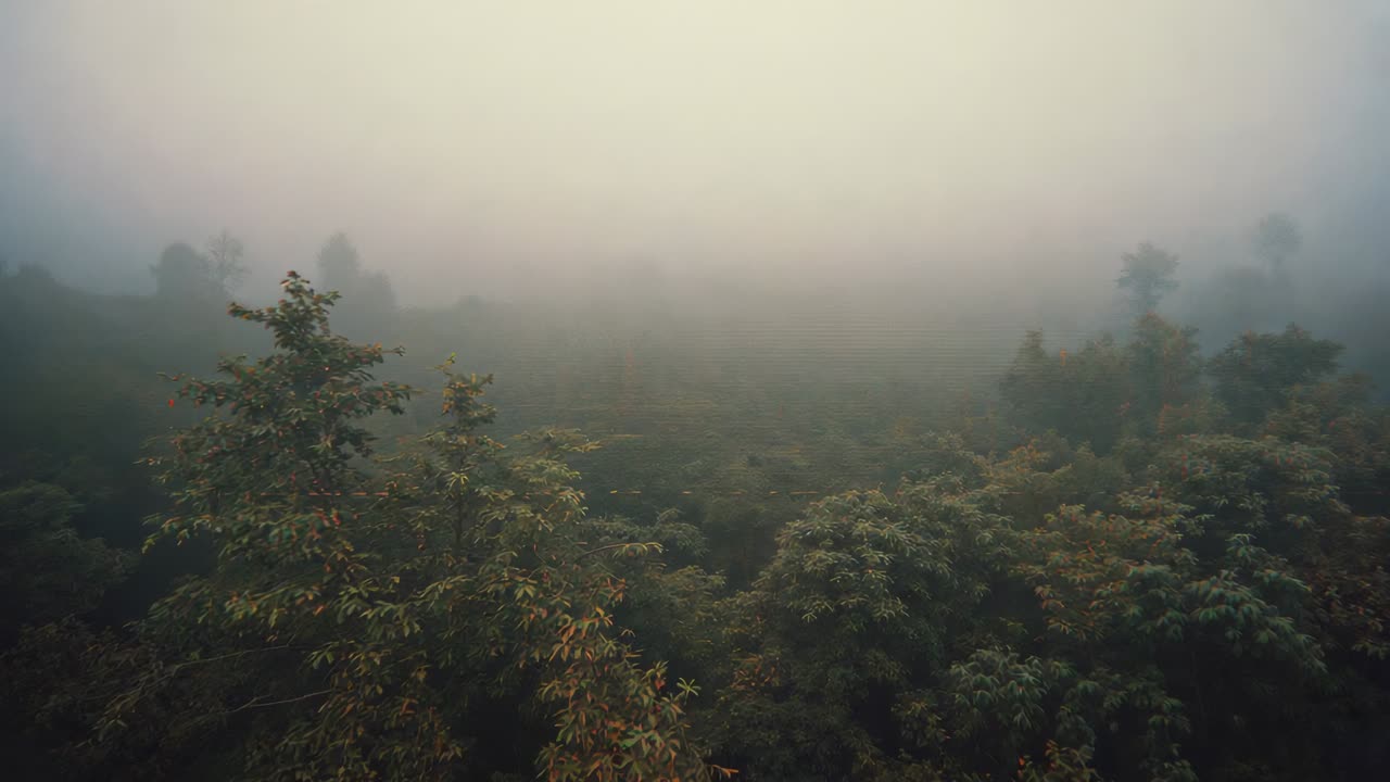 Gliding drone taking off and sweeping over foggy canopy at dawn, with distant trees fading
