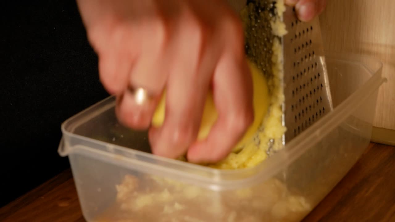 patatas crudas peladas ralladas por un hombre casado en una cocina casera